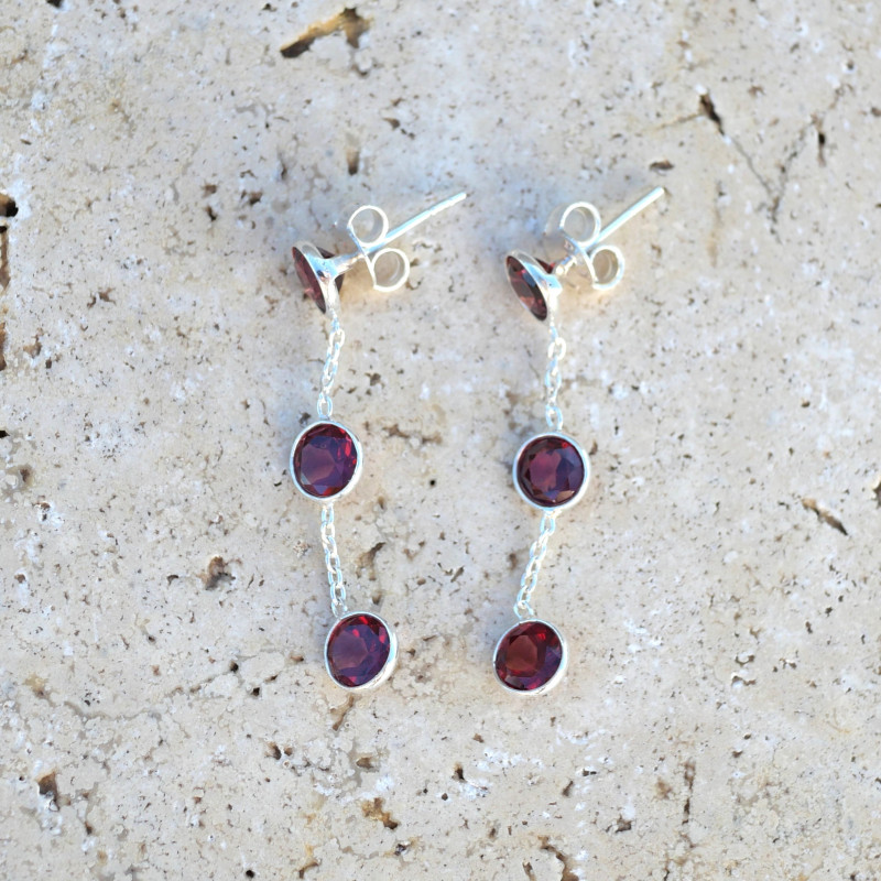 Longues boucles argent et 3 pierres Grenat