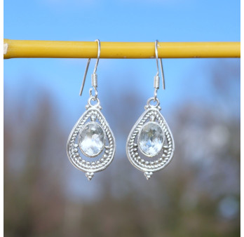 Boucles d'oreilles goutte pierre en Topaze bleue et argent ajouré