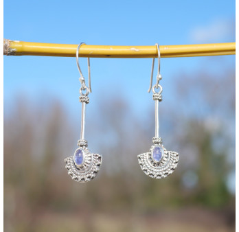 Longues boucles argent ciselé pierre Tanzanite