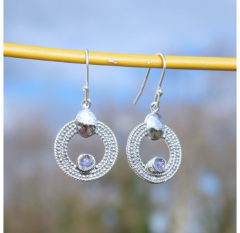 Boucles rondes argent ciselé et pierre ronde Tanzanite
