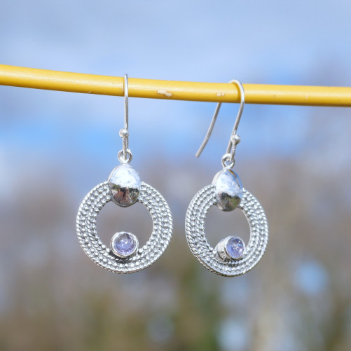 Boucles rondes argent ciselé et pierre ronde Tanzanite