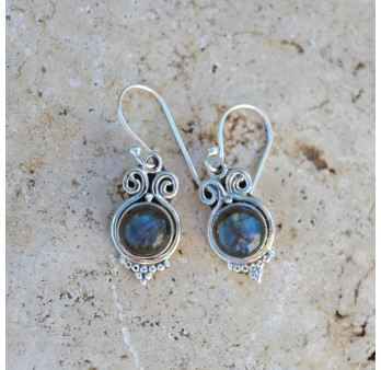 Petites boucles pierre Labradorite ronde et argent ciselé
