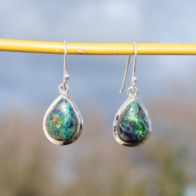 Boucles d'oreilles gouttes pierre Chrysocolle Malachite et argent Boucles d'oreilles gouttes pierre Chrysocolle Malachite et argent