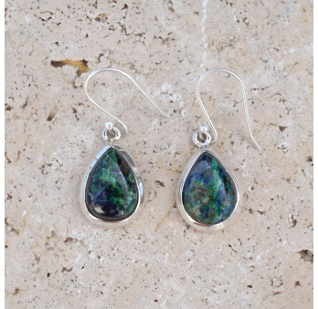 Boucles d'oreilles gouttes pierre Chrysocolle Malachite et argent