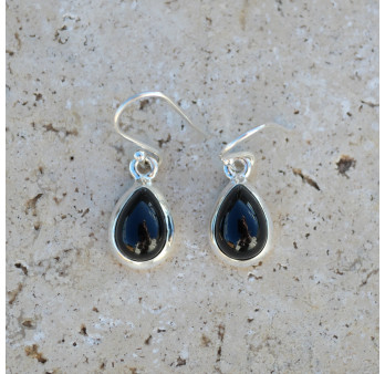 Petites boucles d'oreilles gouttes pierre Onyx noir et argent
