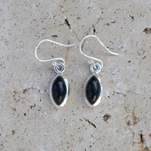 Petites boucles d'oreilles navettes pierre Onyx noir et argent