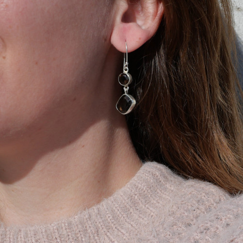 Boucles d'oreilles argent 2 pierres facettées Quartz fumé