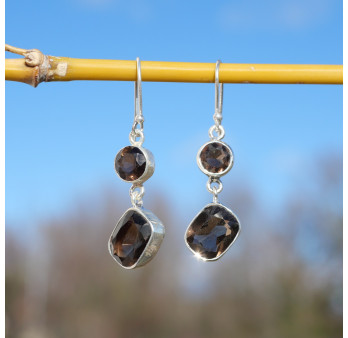 Boucles d'oreilles argent 2 pierres facettées Quartz fumé