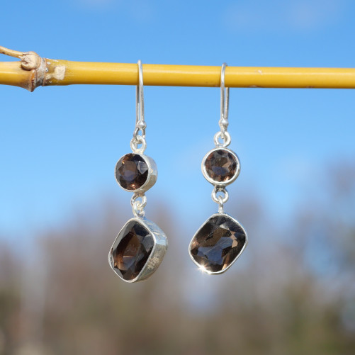Boucles d'oreilles argent 2 pierres facettées Quartz fumé