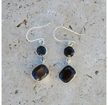 Boucles d'oreilles argent 2 pierres facettées Quartz fumé