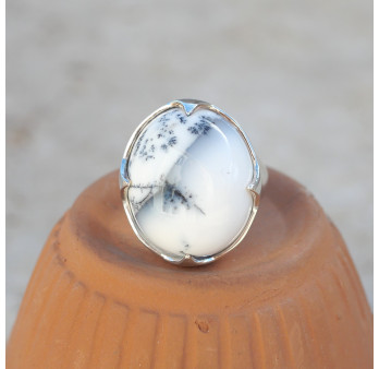 Bague haute pierre griffée en Agate dendrite bombée T57