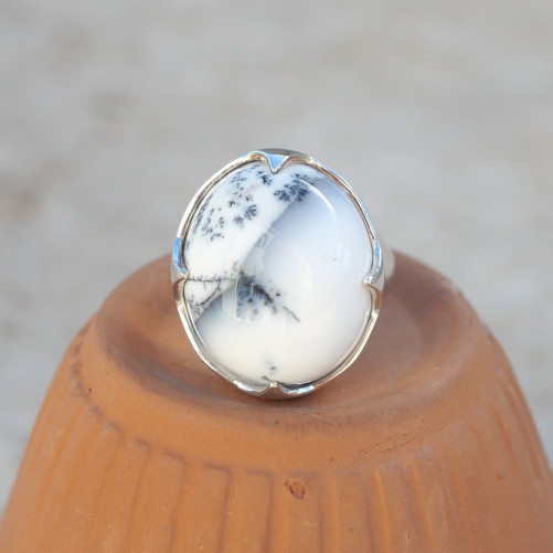Bague haute pierre griffée en Agate dendrite bombée T57