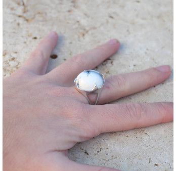 Bague haute pierre griffée en Agate dendrite bombée T57