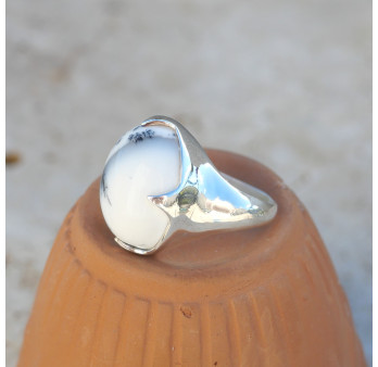 Bague haute pierre griffée en Agate dendrite bombée T57