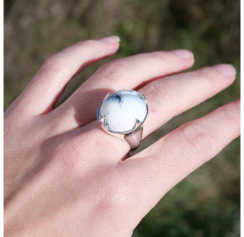 Bague haute pierre griffée en Agate dendrite bombée T57