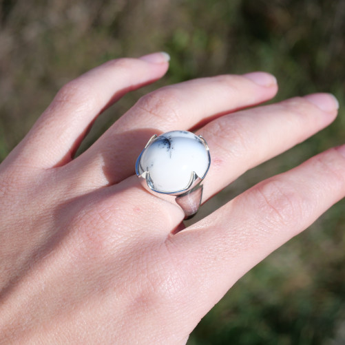 Bague haute pierre griffée en Agate dendrite bombée T57