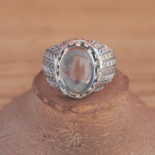 Chevalière Homme en argent ciselé et pierre griffée Prasiolite (vert) T63