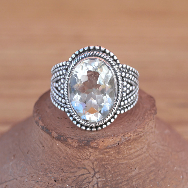 Bague argent travaillé et pierre Prasiolite facettée ovale (vert) T55/58