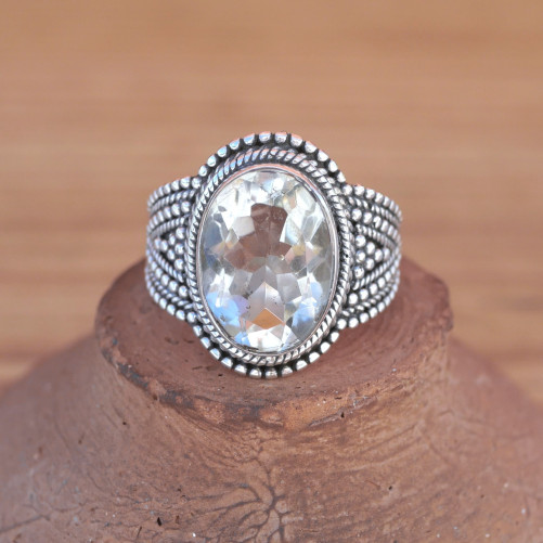 Bague argent travaillé et pierre Prasiolite facettée ovale (vert) T55/58