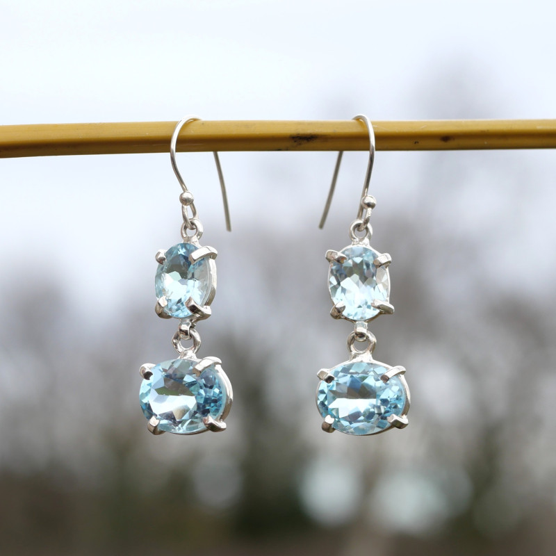 Boucles d'oreilles argent 2 pierres griffées Topaze bleue