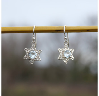 Petites boucles étoiles argent ajouré et pierre Topaze bleue