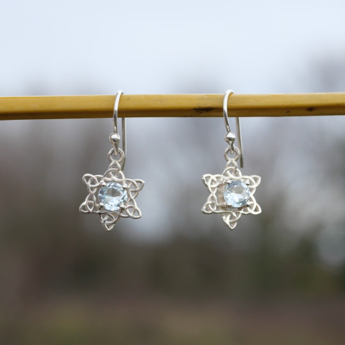 Petites boucles étoiles argent ajouré et pierre Topaze bleue
