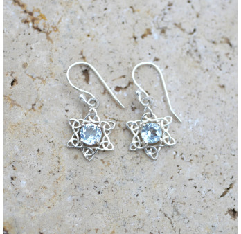 Petites boucles étoiles argent ajouré et pierre Topaze bleue