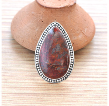 Grosse bague goutte en pierre Jaspe rouge et argent ciselé T55