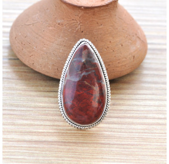 Grosse bague goutte en pierre Jaspe rouge et argent tressé T55