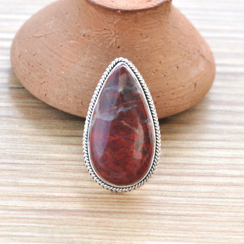 Grosse bague goutte en pierre Jaspe rouge et argent tressé T55