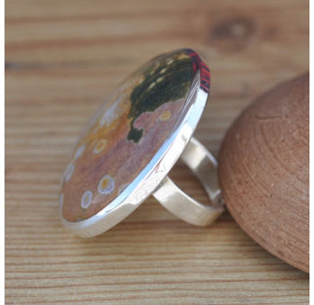 Très grosse bague ronde en Jaspe océan et argent (vert) (parme) T60