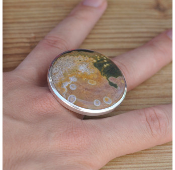 Très grosse bague ronde en Jaspe océan et argent (vert) (parme) T60