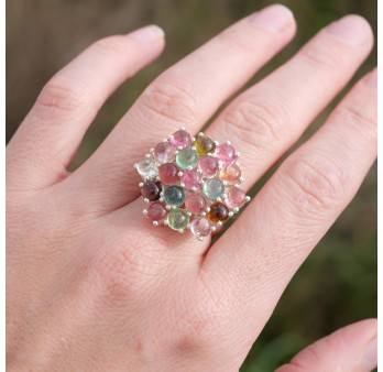 Bague hexagonale argent et 19 petites pierres Tourmaline T60