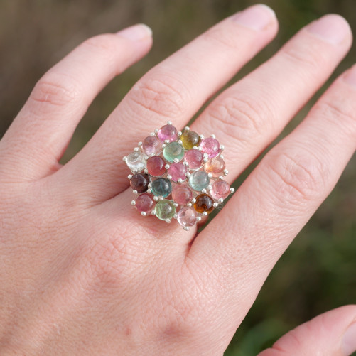 Bague hexagonale argent et 19 petites pierres Tourmaline T60