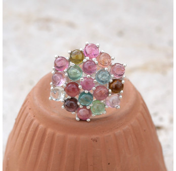Bague hexagonale argent et 19 petites pierres Tourmaline T60