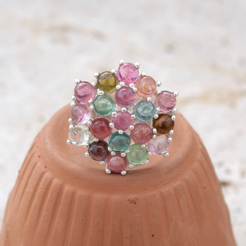 Bague hexagonale argent et 19 petites pierres Tourmaline T60