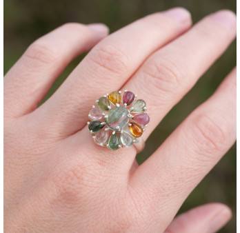 Bague fleur en argent et 12 petites pierres Tourmaline T58