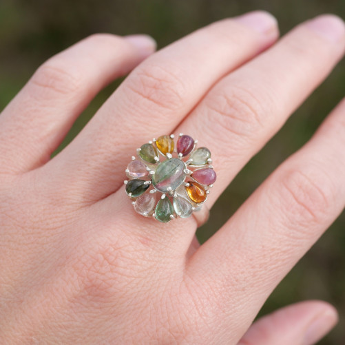 Bague fleur en argent et 12 petites pierres Tourmaline T58