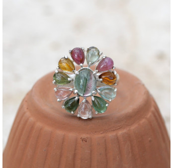 Bague fleur en argent et 12 petites pierres Tourmaline T58
