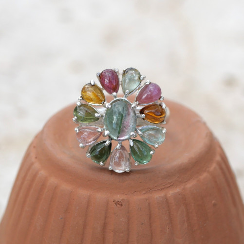 Bague fleur en argent et 12 petites pierres Tourmaline T58