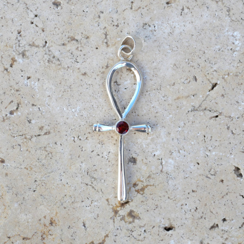 Pendentif Signe de vie égyptien fine en argent et pierre Grenat