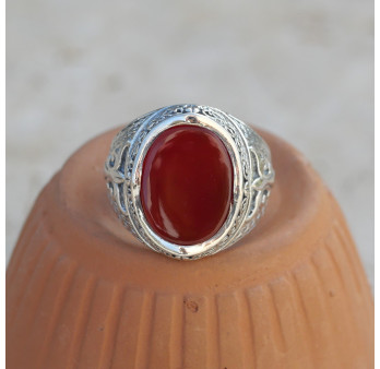 Chevalière Homme massive argent ciselé pierre ovale Cornaline T62