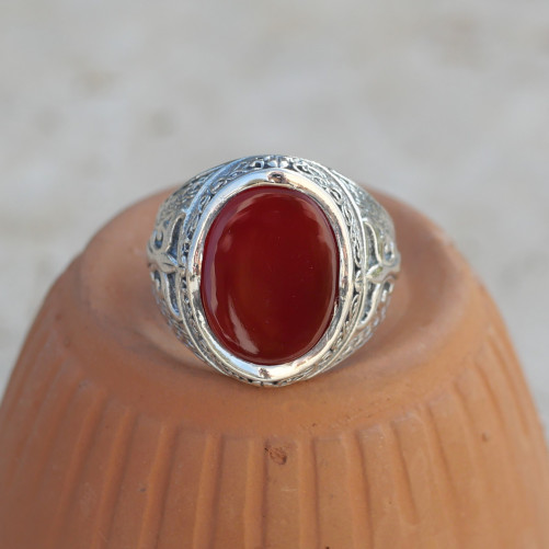 Chevalière Homme massive argent ciselé pierre ovale Cornaline T62