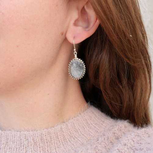 Boucles d'oreilles ovales argent et Calcédoine cristallisée