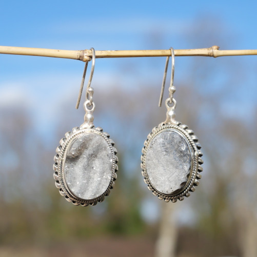 Boucles d'oreilles ovales argent et Calcédoine cristallisée