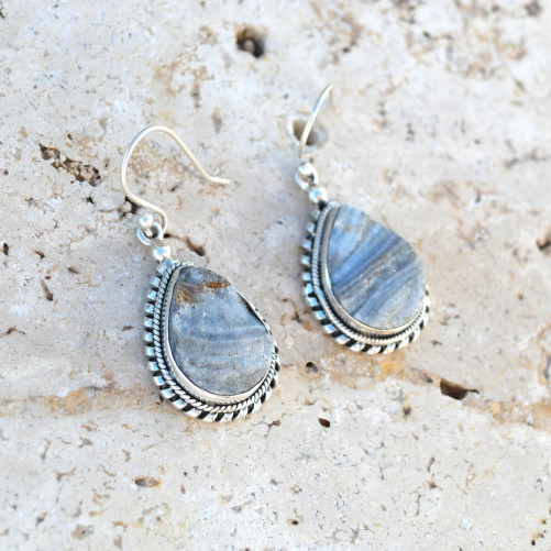 Grosses boucles d'oreilles argent goutte en Calcédoine cristallisée
