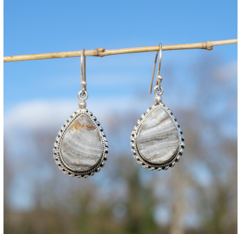 Grosses boucles d'oreilles argent goutte en Calcédoine cristallisée
