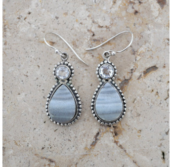 Boucles argent 2 pierres Calcédoine cristallisée et Cristal de roche