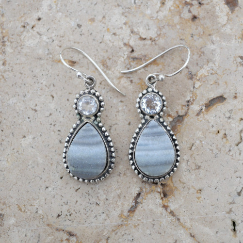 Boucles argent 2 pierres Calcédoine cristallisée et Cristal de roche