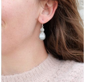 Boucles argent 2 pierres Calcédoine cristallisée et Cristal de roche